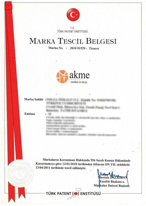 Akme Medikal Türk Patent Enstitüsü marka tescil belgesi