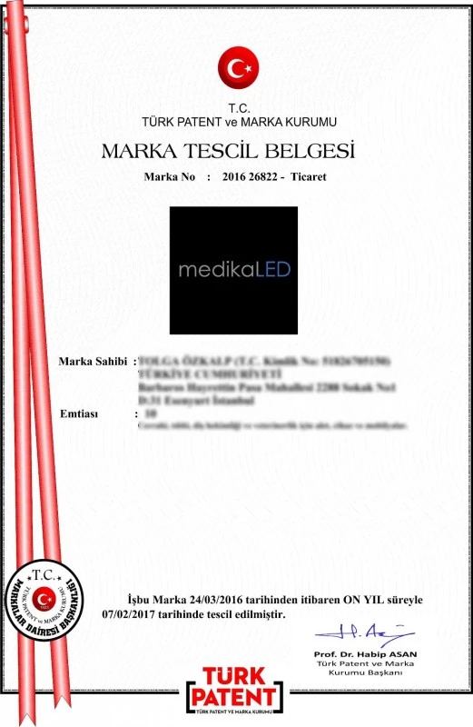 medikaLED Türk Patent ve Marka Kurumu marka tescil belgesi