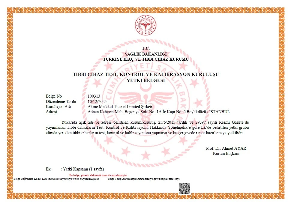 Akme Medikal TİTCK test kontrol ve kalibrasyon kuruluşu yetki belgesi