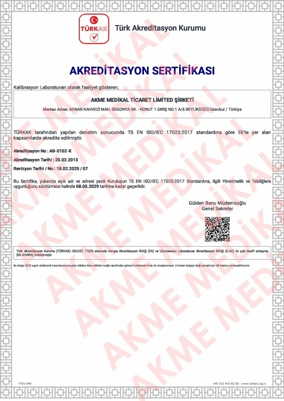 Akme Medikal TÜRKAK TS EN ISO IEC 17025 2017 akreditasyon sertifikası